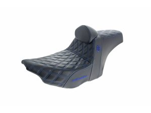 Enhanced motorcycle seat with quilted black and blue stitching for comfort and style.
