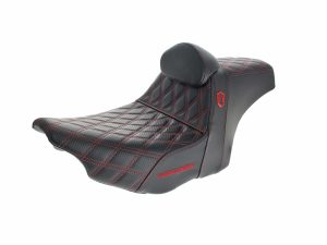Leather motorcycle seat with red stitching and backrest for comfort. Perfect for Revelry Motorcycles custom bikes.