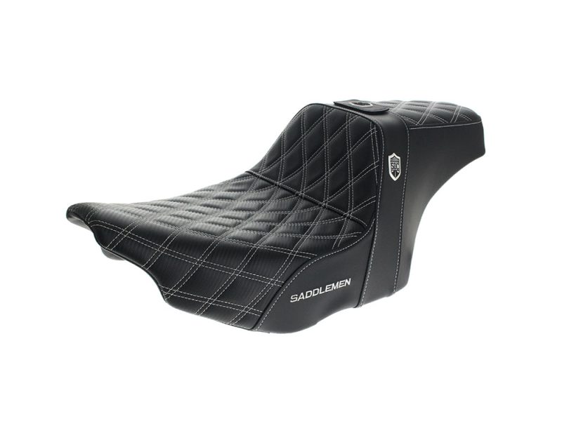 Comfortable black motorcycle saddle with quilted stitching for Revelry Motorcycles enthusiasts.