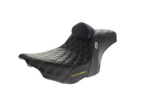 Comfortable black motorcycle saddle with gold stitching for Revelry motorcycles.