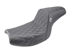 Light grey motorcycle seat with quilted leather design, ideal for Revelry Motorcycles.
