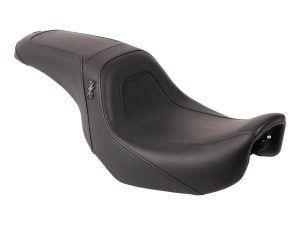 Comfortable black motorcycle seat for cruiser bikes, designed for long-distance riding and style.