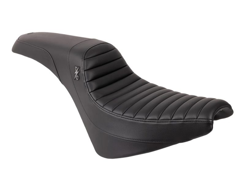 Black motorcycle seat with stitched leather design for Revelry Motorcycles.