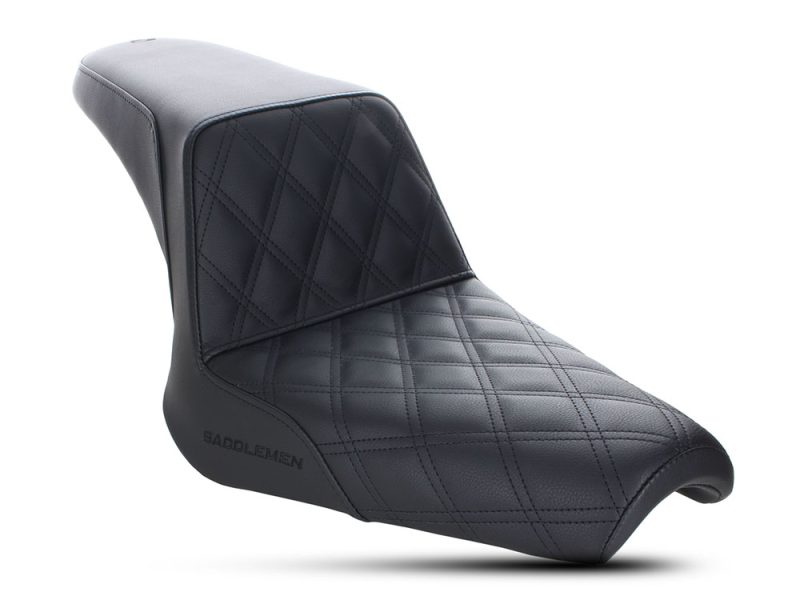 Step-Up LS Dual Seat with Black Double Diamond Lattice Stitch. Fits Yamaha Bolt 2013up. High-quality black motorcycle seat with diamond stitching for Revelry Motorcycles.