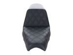 Premium black quilted motorcycle seat for Harley-Davidson by Revelry Motorcycles.