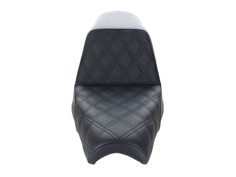 Premium black quilted motorcycle seat for Harley-Davidson by Revelry Motorcycles.