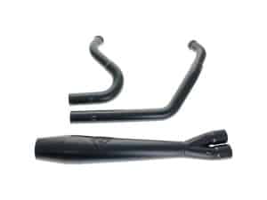 Black motorcycle exhaust system for custom bikes and vintage motorbikes.