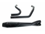 Black motorcycle exhaust pipe and handlebars for Revelry Motorcycles.