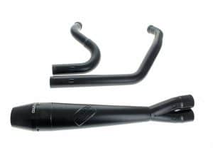 Black motorcycle exhaust pipe and handlebars for Revelry Motorcycles.