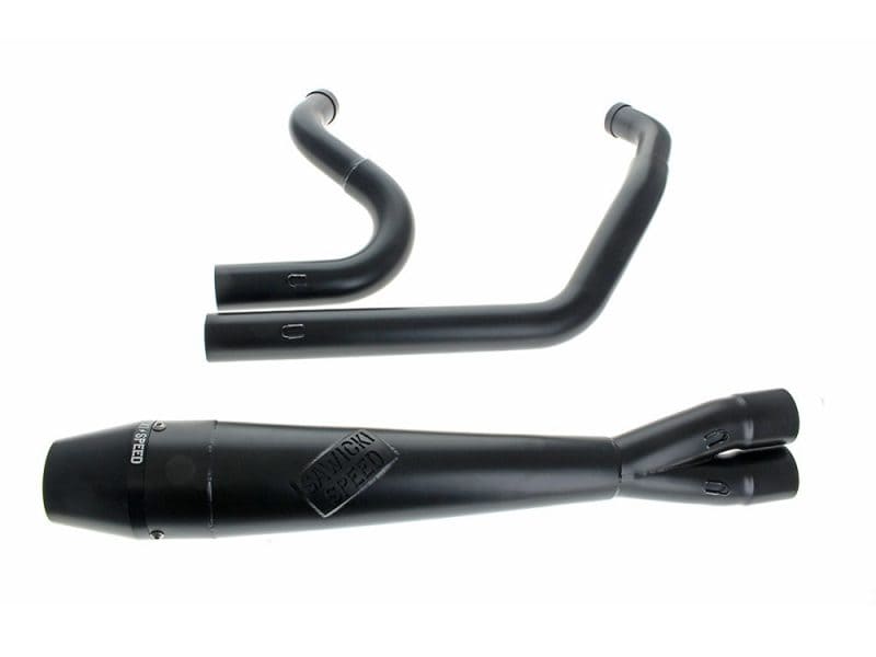 Black motorcycle exhaust pipe and handlebars for Revelry Motorcycles.