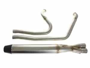 Stainless steel motorcycle exhaust system for custom Revelry Motorcycles builds.