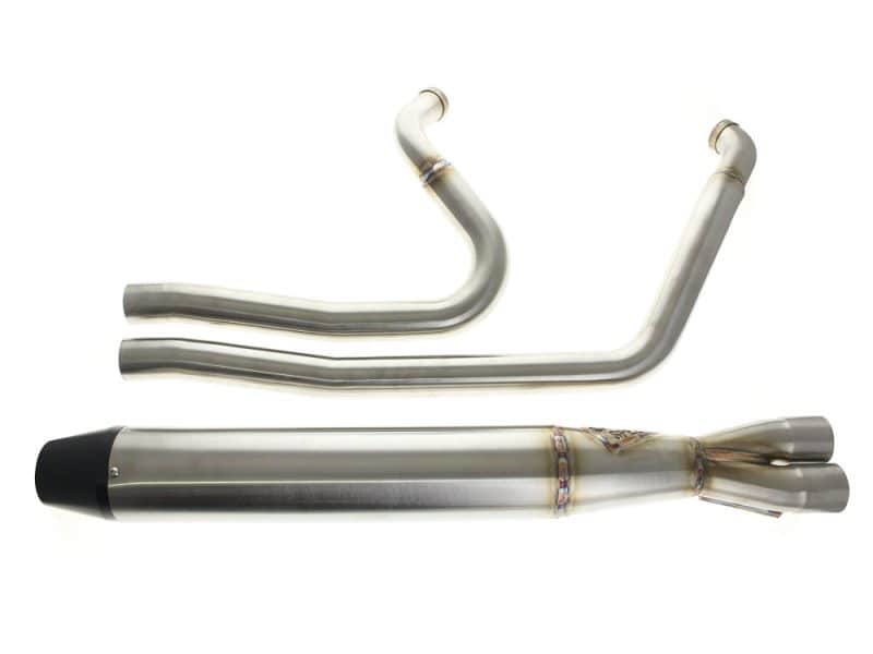 Full Length 2-into-1 Exhaust with Billet End Cap - Stainless. Fits Touring 1995-2016. Stainless steel motorcycle exhaust system for custom Revelry Motorcycles builds.