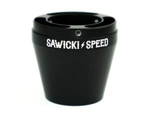 Black motorcycle handlebar grip with "Sawicki Speed" branding.