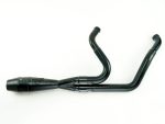 Black motorcycle exhaust pipe for Revelry Motorcycles, high-performance custom bike part.