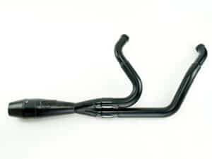 Black motorcycle exhaust pipe for Revelry Motorcycles, high-performance custom bike part.