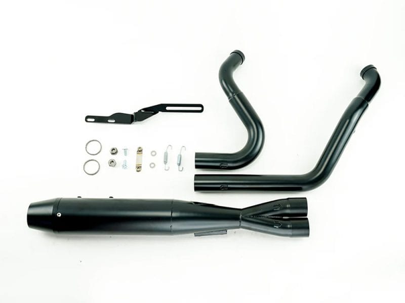 High-performance motorcycle exhaust system with installation hardware for Revelry Motorcycles.