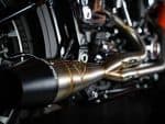Exhaust pipe detail on custom Revelry Motorcycles bike in Australia.