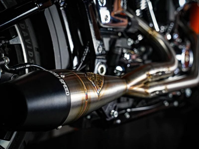 Exhaust pipe detail on custom Revelry Motorcycles bike in Australia.