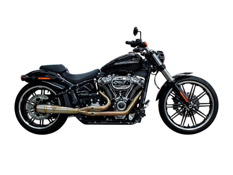 Mid Length 2-into-1 Exhaust with Welded End Cap - Stainless. Fits Softail 2018up with 240 Rear Tyre. Vladimir Harbour Harley Davidson motorcycle - black with chrome accents, powerful cruiser bike.