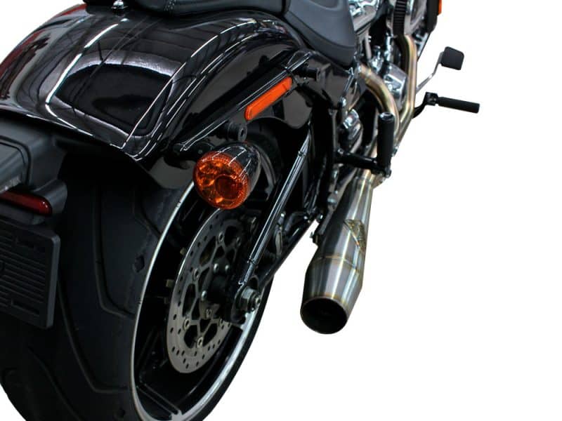 High-performance Harley-Davidson motorcycle with custom exhaust and sleek black finish.