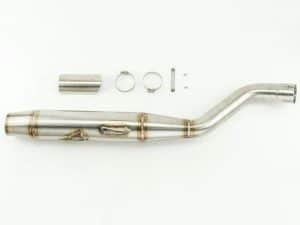 Stainless steel motorcycle exhaust pipe with mounting hardware, ideal for custom motorcycle builds.