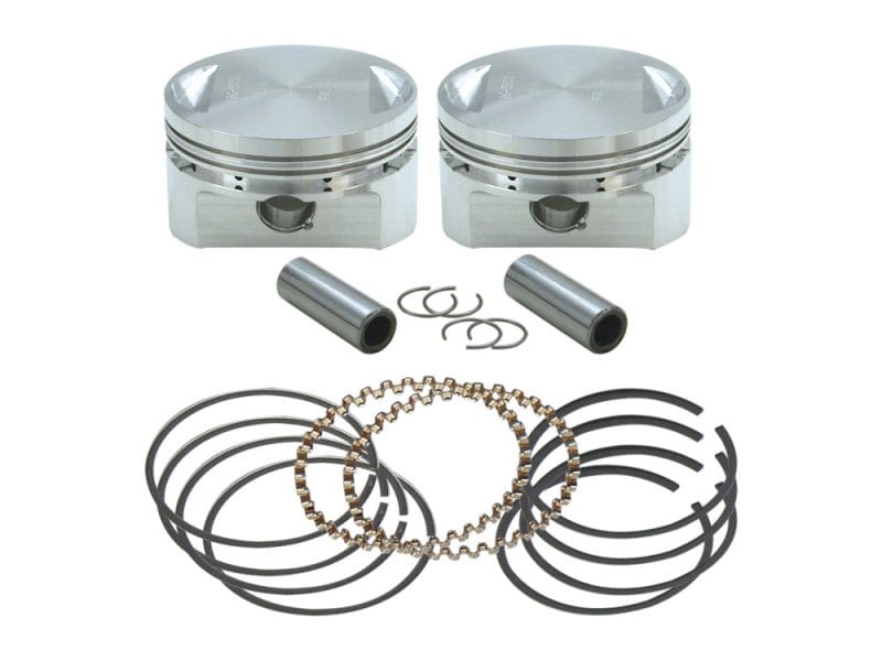 +.010in. Forged 89ci Stroker Pistons. Fits Evolution Big Twin 1984-1999 with S&S 4-5/8in. Stroker Flywheel Piston stock image for motorcycle engine repair and maintenance.