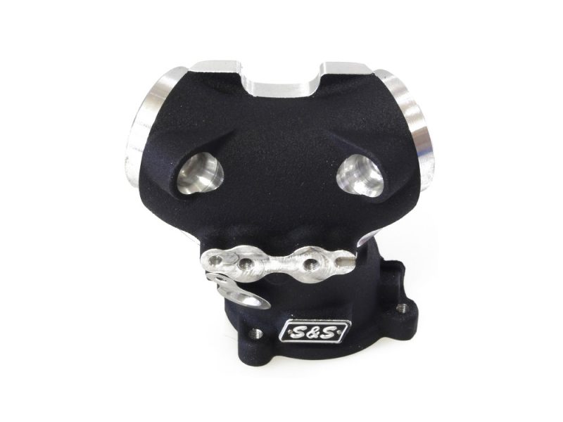 High-performance motorcycle engine part with aluminium and black finish for Revelry Motorcycles.