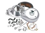 High-performance motorcycle parts, S&S Super E air cleaner, chrome finish, for Harley-Davidson engines.