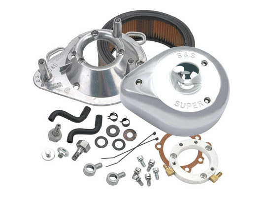 Teardrop Air Cleaner Kit - Chrome. Fits Big Twins 1989-2017 with CV Carb or Cable Operated Delphi EFI. High-performance motorcycle parts, S&S Super E air cleaner, chrome finish, for Harley-Davidson engines.