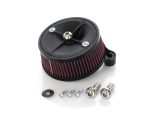 High-performance motorcycle air filter for Revelry motorcycles, black with red filtering element.