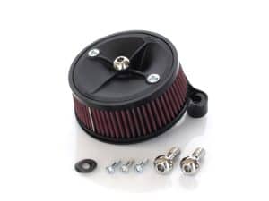 High-performance motorcycle air filter for Revelry motorcycles, black with red filtering element.