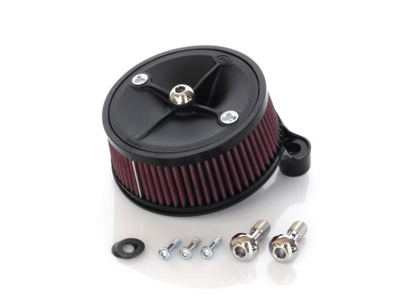 Stealth Air Cleaner Kit. Fits Sportster 2007-2021 with Delphi EFI. High-performance motorcycle air filter for Revelry motorcycles, black with red filtering element.