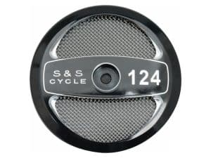 S&S Cycle motorcycle part, black and silver, high-performance motorcycle engine component.