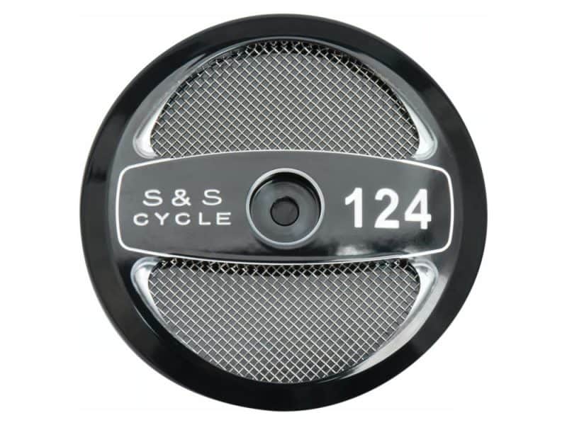 S&S Cycle motorcycle part, black and silver, high-performance motorcycle engine component.