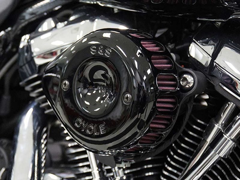 S&S motorcycle air cleaner with black finish, chrome detailing, for Harley Davidson bikes.
