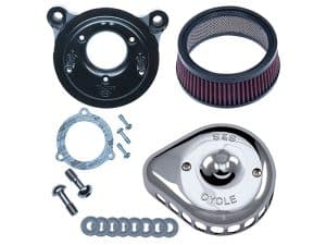 Revelry Motorcycles engine parts kit including air filter, gaskets, screws, and chrome cover.