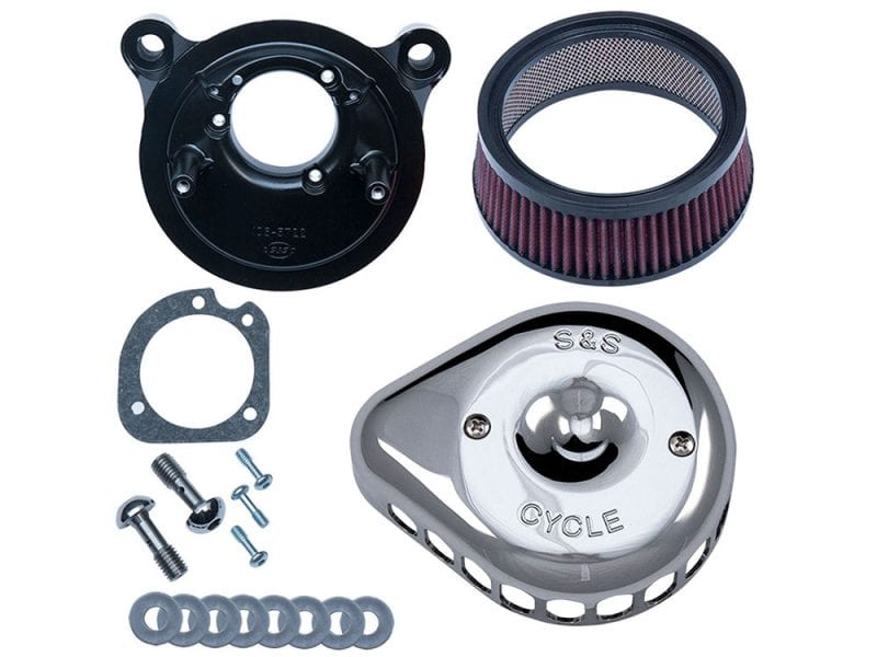 Mini Teardrop Air Cleaner Kit - Chrome. Fits Big Twins 1993-2017 with CV Carb or Cable Operated Delphi EFI. High-performance motorcycle parts including air filters, covers, and gaskets for Revelry Motorcycles enthusiasts.
