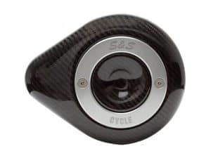 High-performance motorcycle Bluetooth speaker in black carbon fibre finish for Revelry Motorcycles enthusiasts.