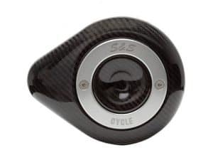 High-quality motorcycle rear view camera with carbon fibre finish and sleek design.