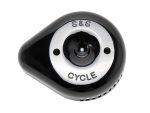 Shiny black guitar pick-shaped bike bell with "S & S Cycle" engraving, designed for motorcycle enthusiasts.