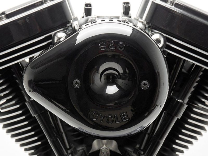 V-twin motorcycle engine with black and chrome finish from Revelry Cycles, Australia.