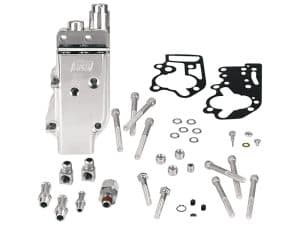 Aluminium motorcycle engine parts with gaskets and bolts for custom rebuilds.