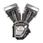 V-twin motorcycle engine with chrome finish, ideal for custom motorcycle builds.