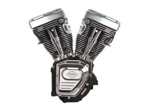 V-twin motorcycle engine with chrome finish, ideal for custom motorcycle builds.