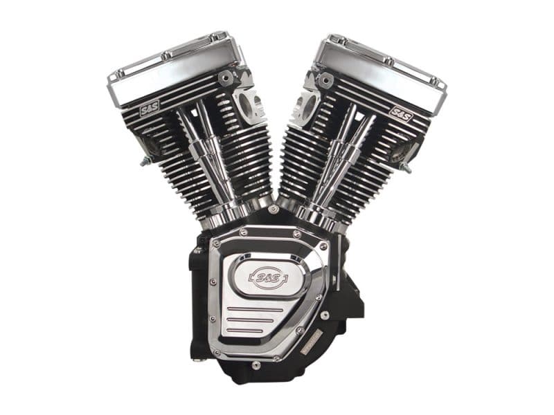 V-twin motorcycle engine with chrome finish, ideal for custom motorcycle builds.