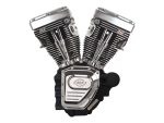V-twin motorcycle engine for custom Harley Davidson bikes, chrome finish, S&S Cycles.