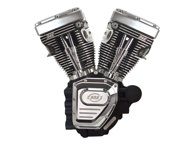 111ci Twin Cam Engine - Black with Chrome Covers. Fits Touring 2007-2016 V-twin motorcycle engine for custom Harley Davidson bikes, chrome finish, S&S Cycles.