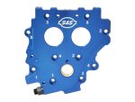 Aluminium motorcycle engine component with S&S logo, blue finish.