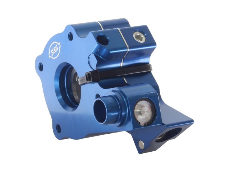 Blue motorcycle ABS pump, high-performance brake system component for Revelry Motorcycles.