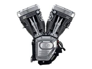 V-Twin motorcycle engine with black and chrome finish, ideal for custom motorcycle builds.